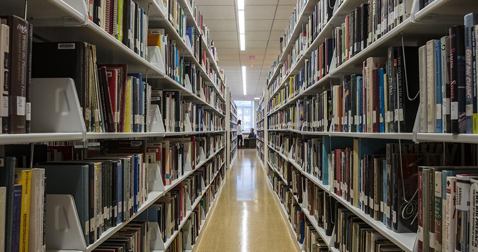 Bookshelves in a library