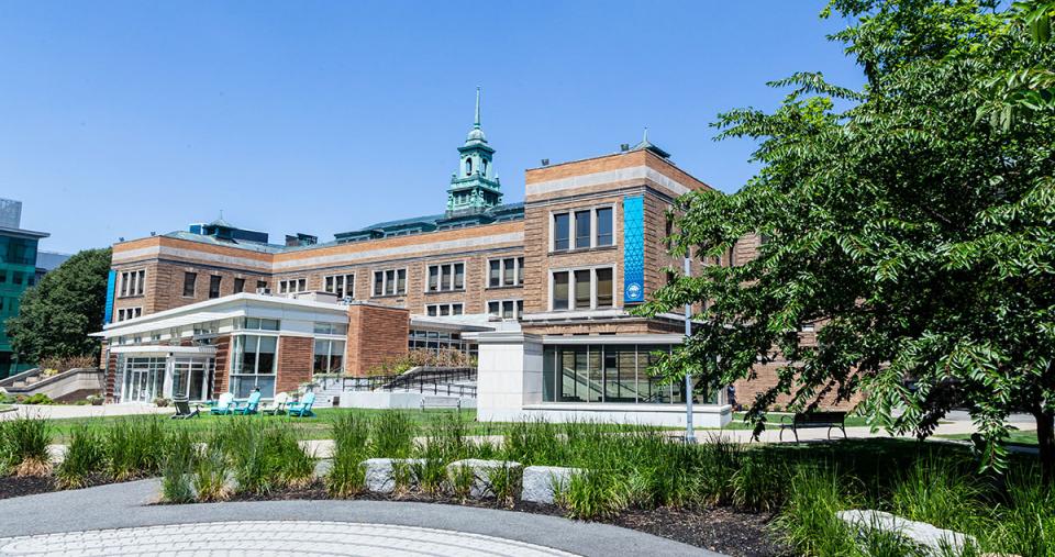 The main college building as seen from the labryinth in the academic quad.