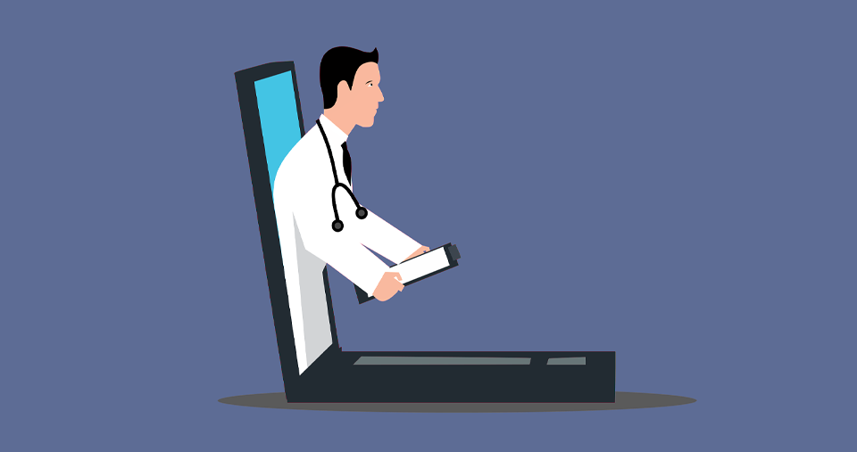 Graphic of laptop with doctor leaning out of screen