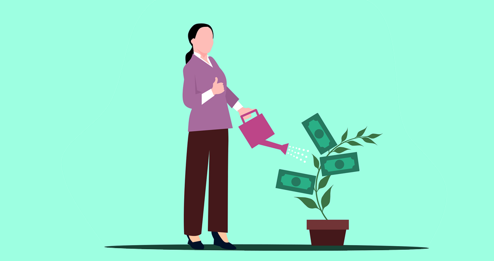 Clipart of woman watering a plant with money growing