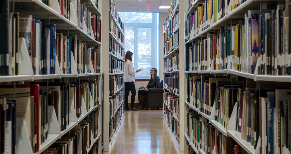 Bookshelves in a library